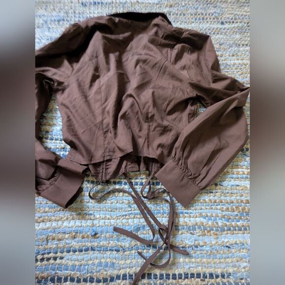 Brown Ruched Button Up L/S Top S Cropped Tie Detail Y2K Baddie Clubbing Sexy Dat - Picture 6 of 6